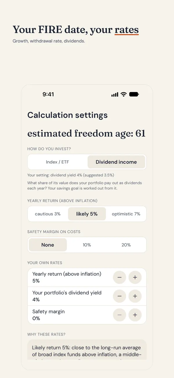 Untilfree calculation settings: index fund or dividend income, cautious, likely or optimistic return, and a safety margin
