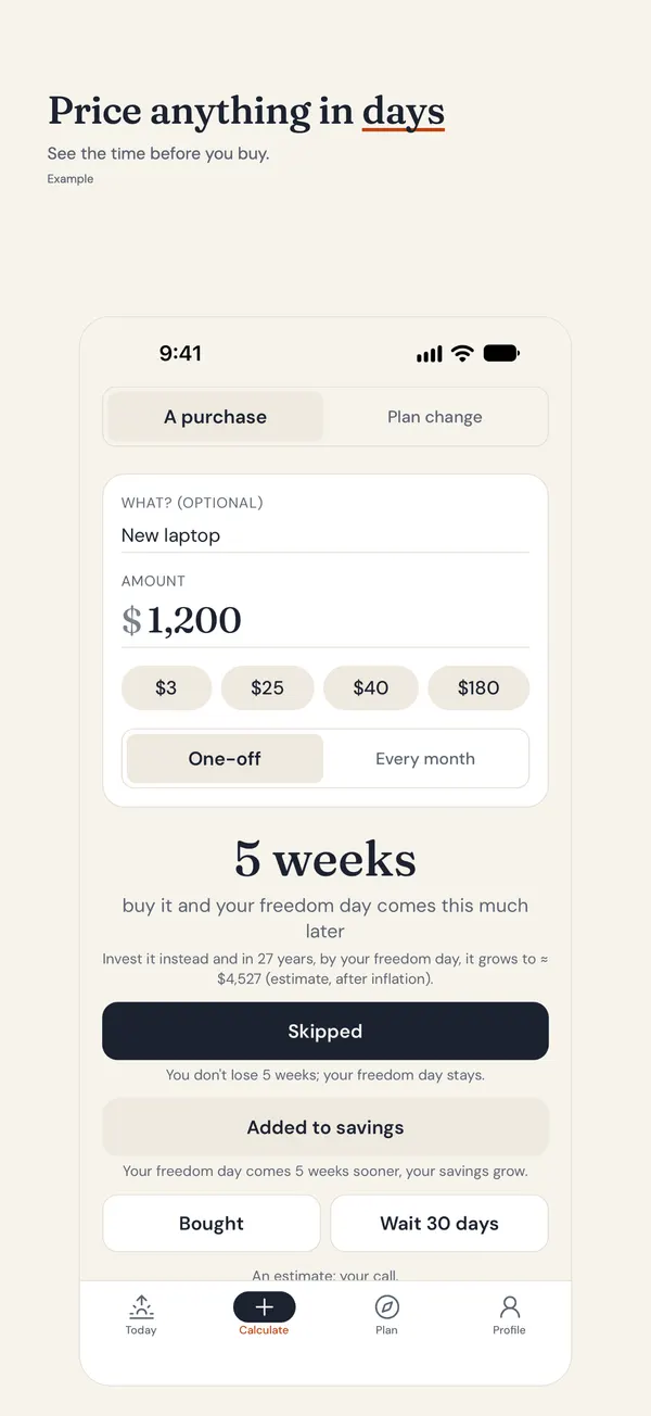 Untilfree Price it screen: a $1,200 laptop shown as 5 weeks of freedom, with Skipped and Added to savings buttons