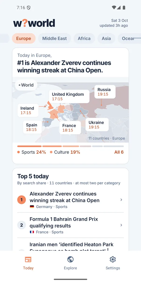 Today: the top stories in a region on a map with local times
